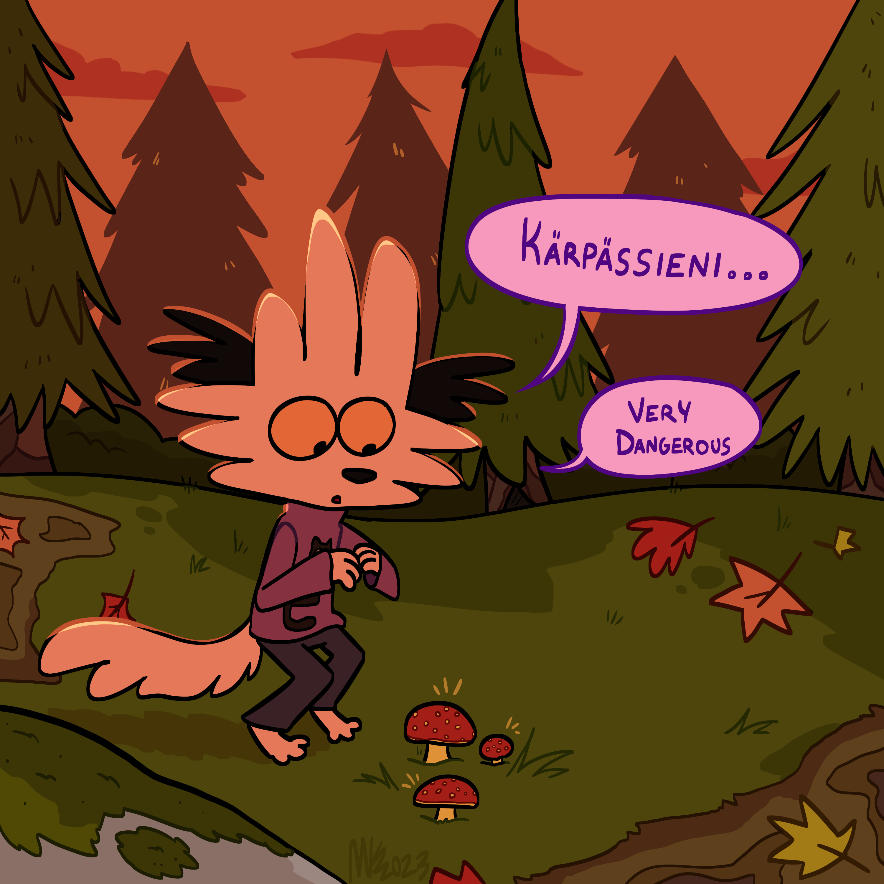 Digital Art by SeagullCity. Patch, the anthropomorphic arctic fox is crouching down in a forest, looking at mushrooms with caution. They say 'Kärpässieni...' 'Very Dangerous'.