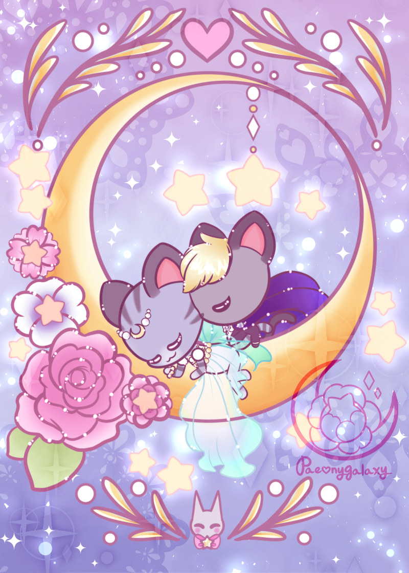 Digital art by paeonygalaxy. The characters Lolly and Raymond from the Nintendo game Animal Crossing New Horizons, crossed over with stylisation from the anime Sailor Moon. Lolly is wearing a moon tiara and flowing dress, laying on the inside of a crescent moon. Raymond is wearing a cape, and nuzzling Lolly's cheek. There's roses and peonies around the thicker edge of the crescent, with stylised leaves at the top and bottom of the page. The background is aglow with stars and star shapes.