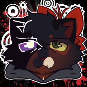 My most recent icon of him, done mostly symmetrically; with shading on the right side of his face, where that eye has a purple sclera and white iris; and a Foxy mask worn on the back of his head, shifted to be on his left side.
