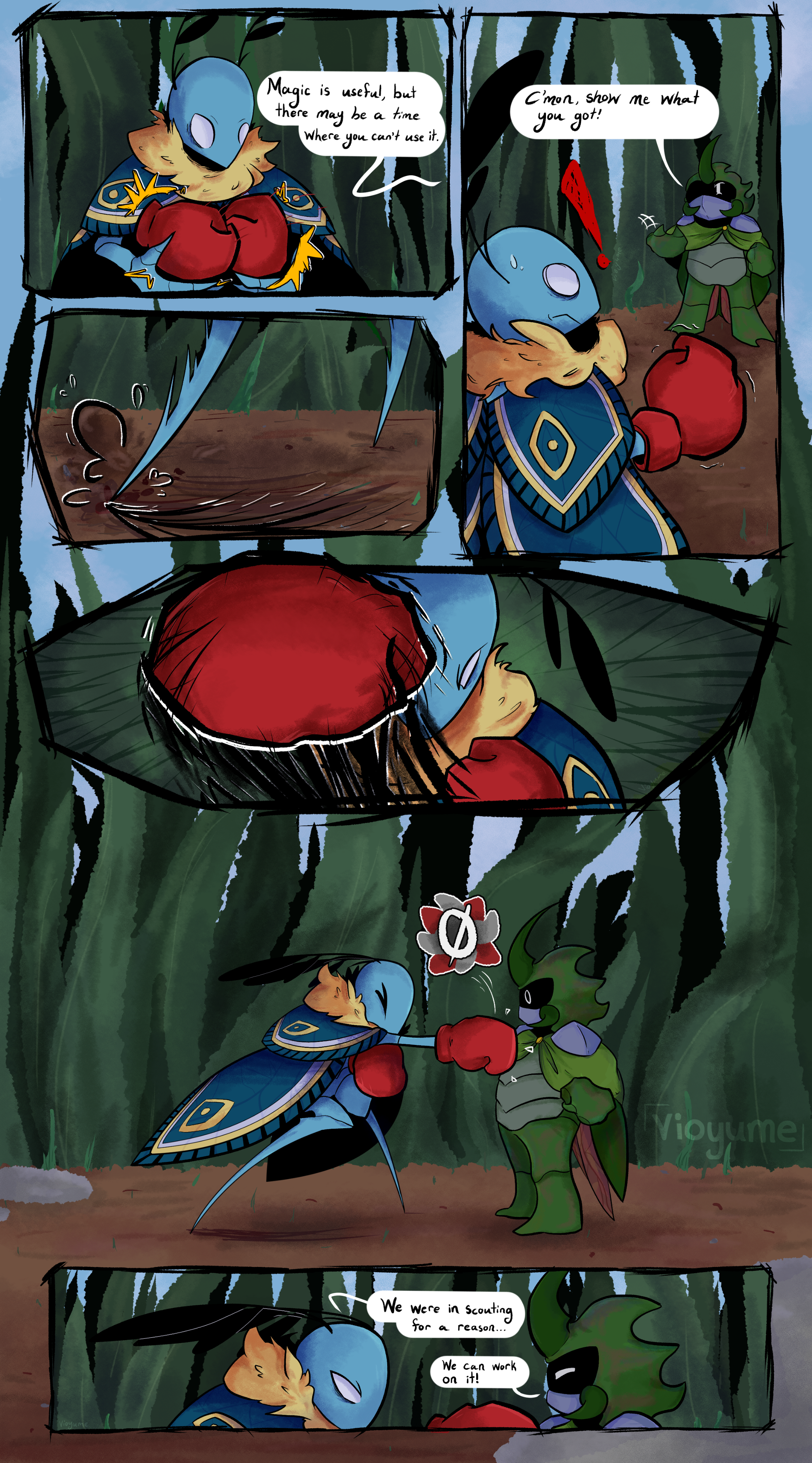 Bug Fables fan-comic of Kabbu trying to teaching Leif Melee combat