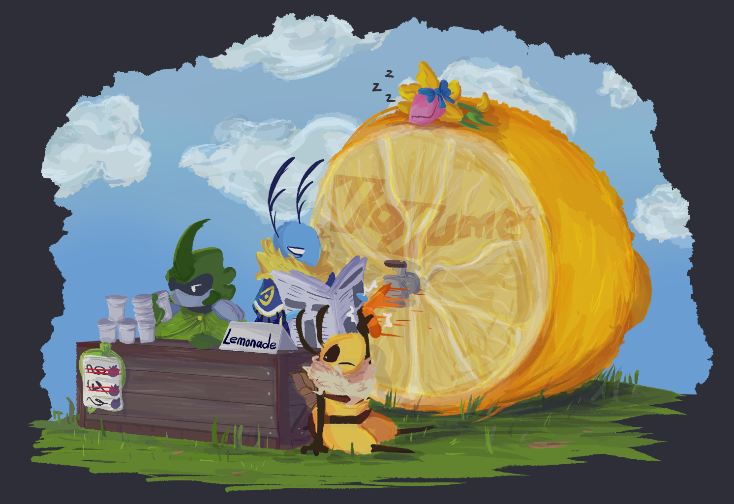 Kabbu, Leif, and Vi hosts a low sales lemonade stand. Chompy is sleeping