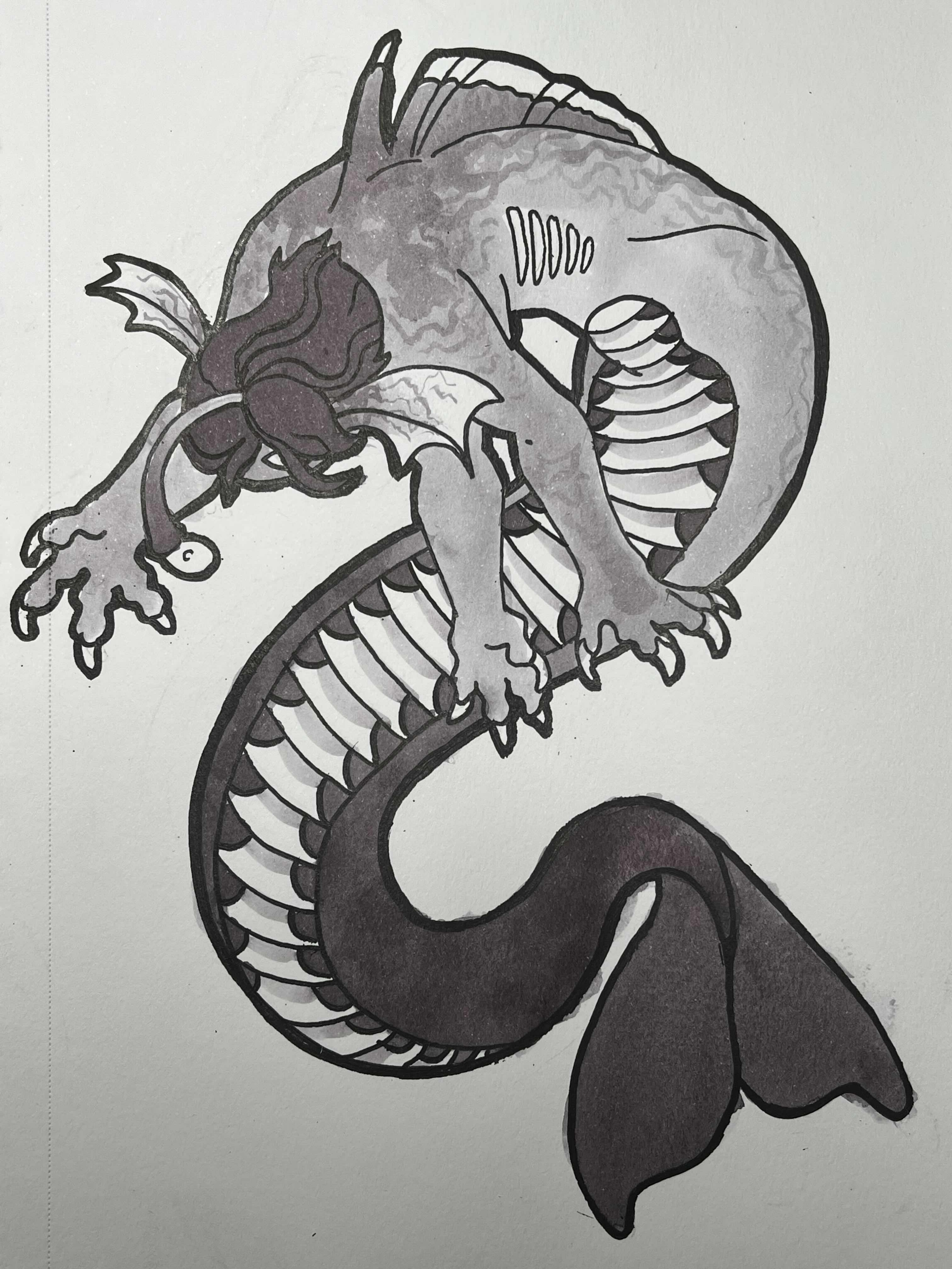 Traditional art by OddCamo. The character Sebastian Shoelace from the Roblox game; Pressure. The character is a mer-like creature, with gills on the side of his body, and a long tail. The is an angler fish light protruding from the end of a stalk on the top of his head. He has three arms. His back is arched as he is leaning forwards, his hair and position largely obscuring his face from view.