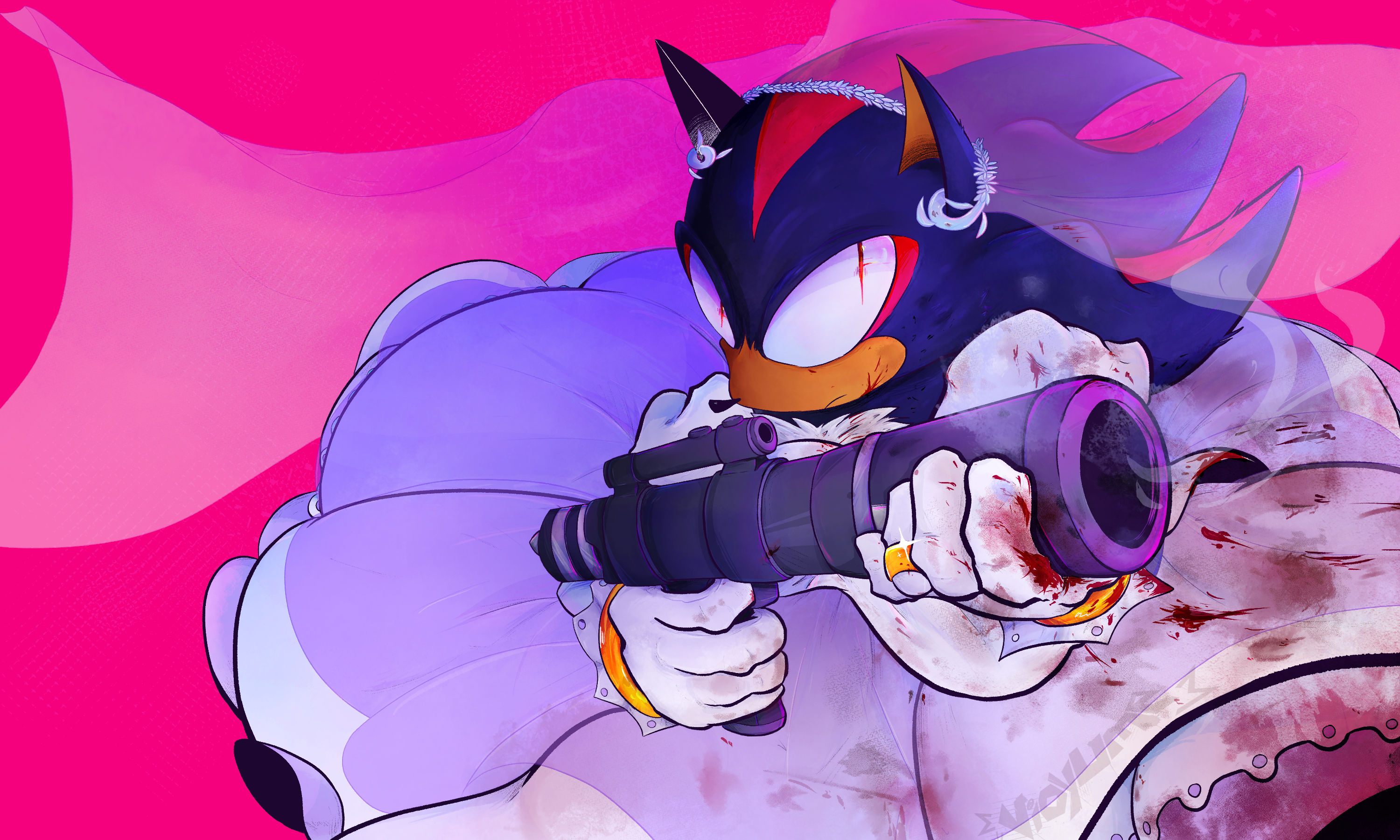 Shadow the Hedgehog in a wedding dress covered in blood, holding a gun