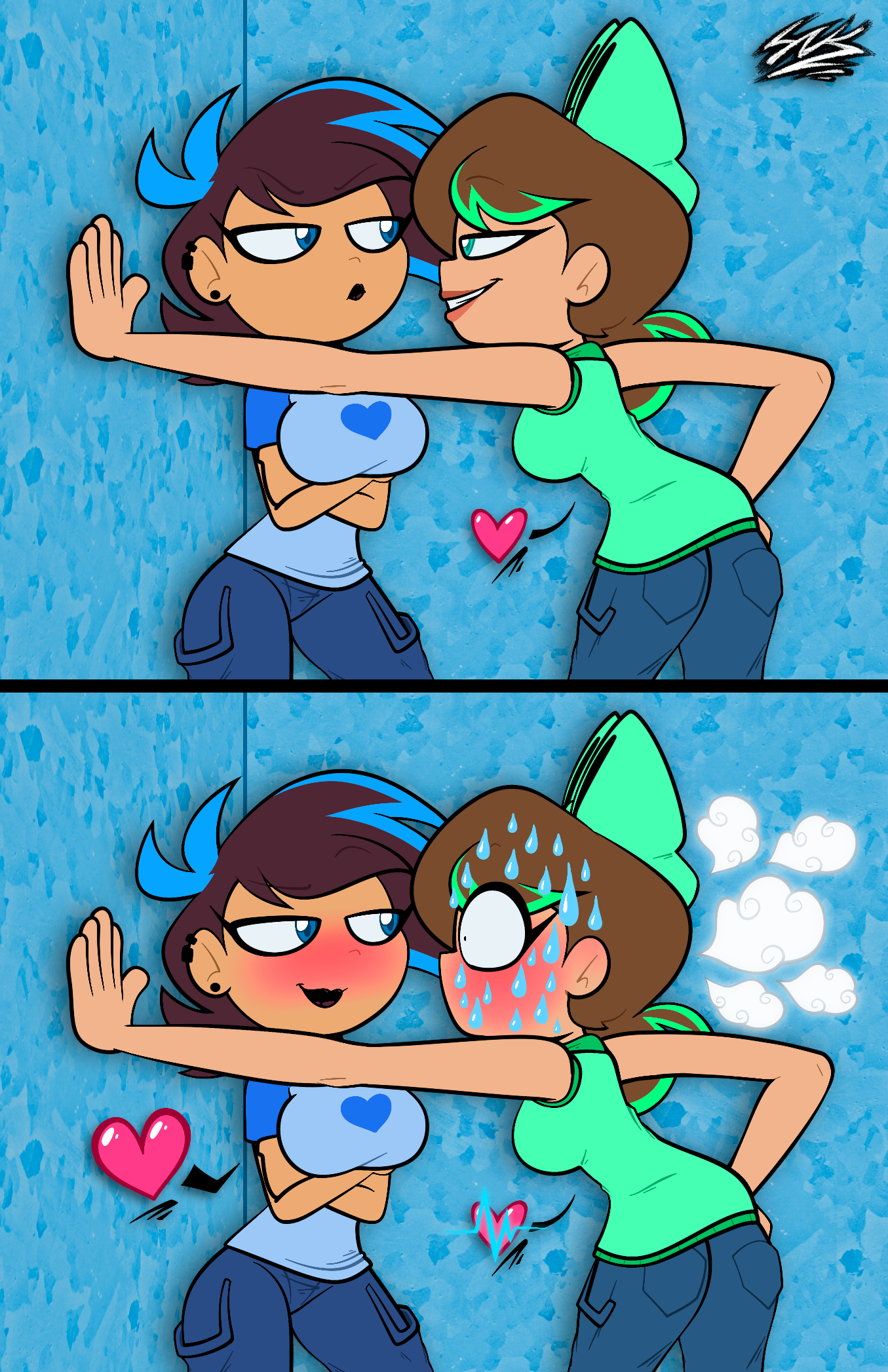 Digital Art by Lynk, a vertical 2 panel comic. In the top panel are two women. The one on the left has her arms folded, with her back to the wall with a bored expression. The one on the right is leaning forward, her hand on the wall behind the left woman, her other hand on her hip with a confident smile on her face. There is a love heart coming from her. In the second panel, the woman on the right now has a bigger love heart coming from her, as she smiles with a blush. The woman on the right is now sweating profusely, eye wide open as she blushes too. Steam is coming out from the back of her head, and her heart emoji now has a pulse line through it.