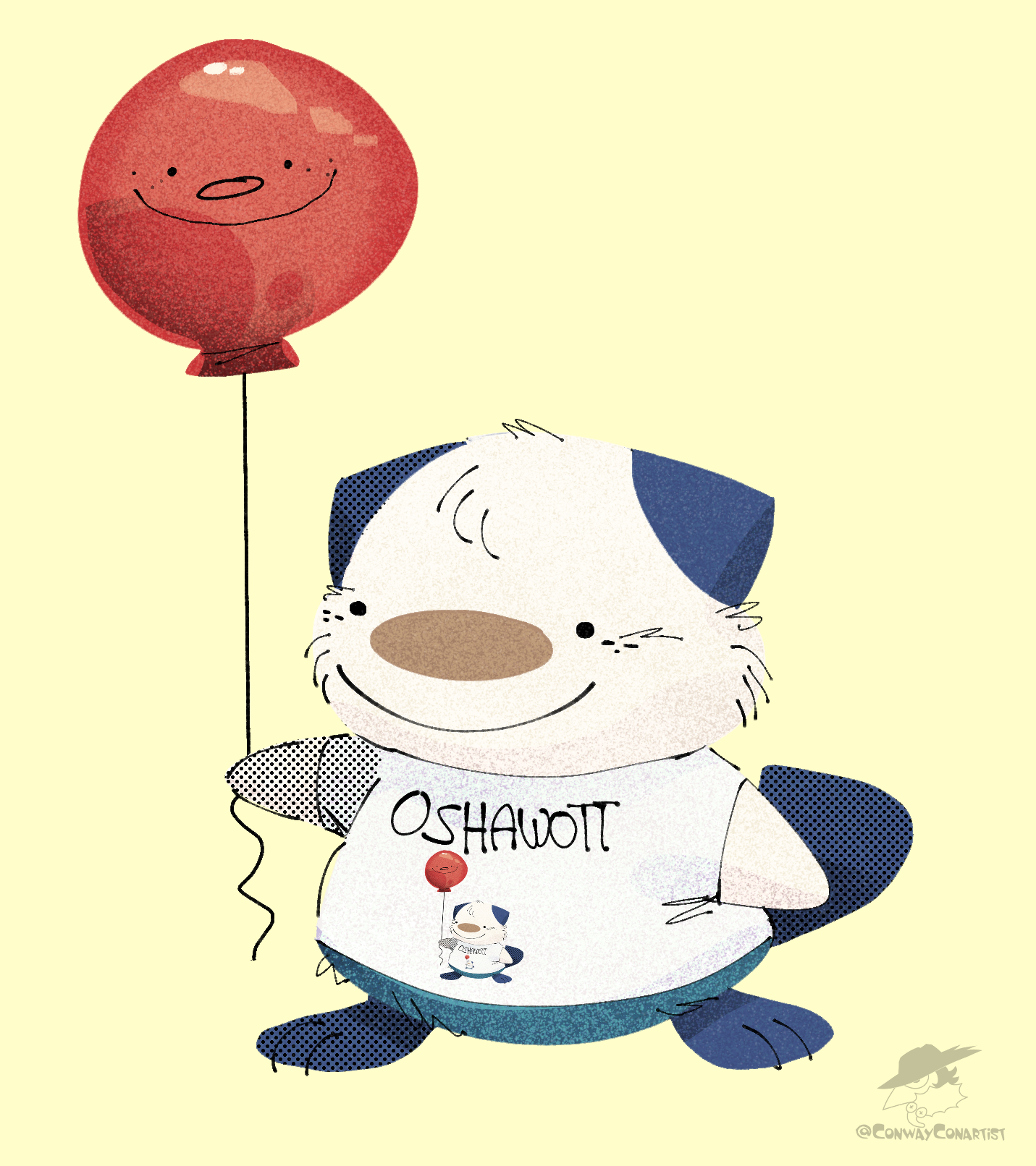 Digital Art by Trevor. The pokemon Oshawott holding a smiling red balloon. Oshawott looks very happy, and is wearing a t-shirt with the word OSHAWOTT printed on it. The image on the shirt is of the image as a whole, in a recursive way with the image printed upon the printed image's top as well.