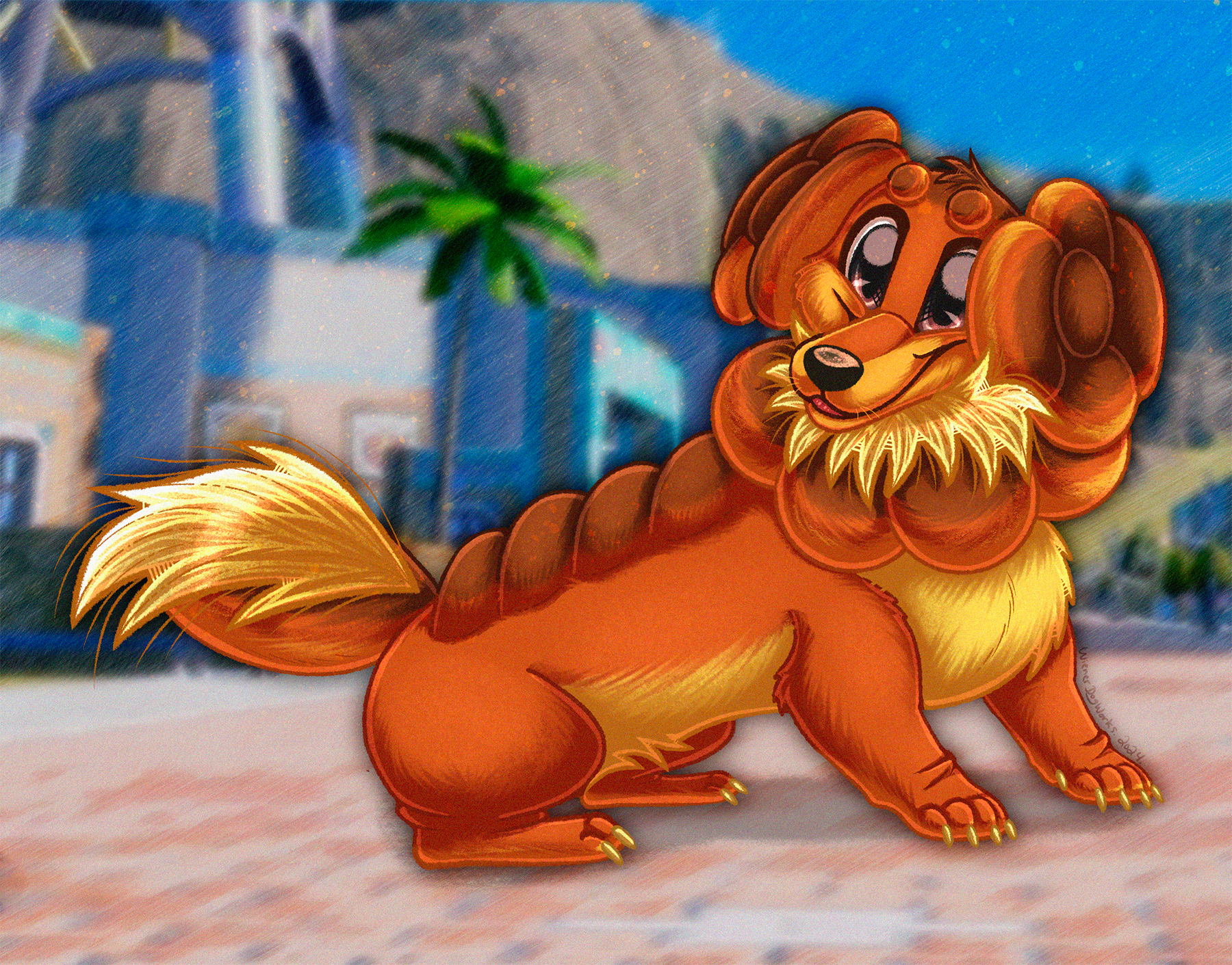 Digital art by WienerDogWorks. The Pokémon Dachsbun, the fairy-type cross between bread, and a dachshund. It sits with a happy expression on it's face, in front of a building within the Paldea region of the Pokémon game