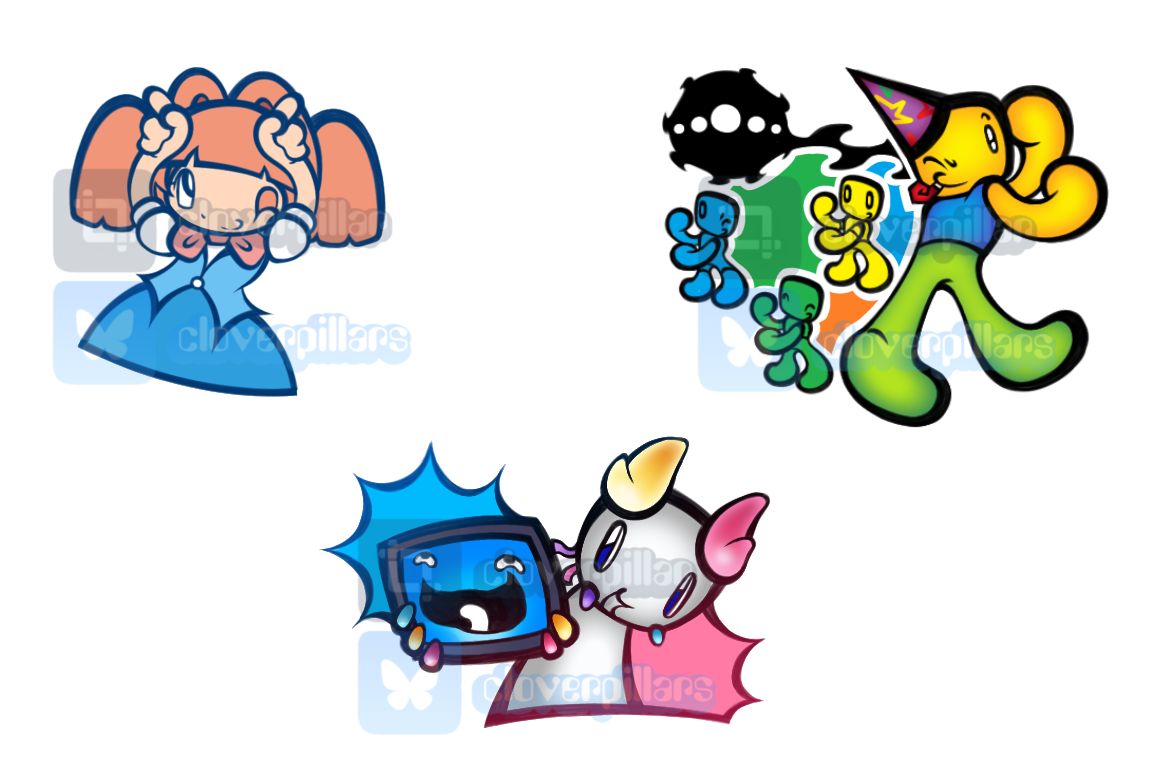 Digital art by cloverpillar. Three images of characters from the Roblox game regretevator. The top left is of a feminine presenting character with a blue waistcoat and dress, pink bowtie, and orange hair in pigtails. She is posed with both hands above her head, pointing up, with a smiling wink on her face. The top right image is of a yellow humanoid character with green bottoms and a blue vest top. They are wearing a party hat and have a party blower in their smiling mouth while they wink and dance. There are three smaller, mono-coloured characters behind them of blue, yellow, and green each. The bottom image is of a grey character with a pink horn, and a yellow horn, holding a blue tv screen that has an overly ecstatic face. The grey character is looking at the screen, grinning.