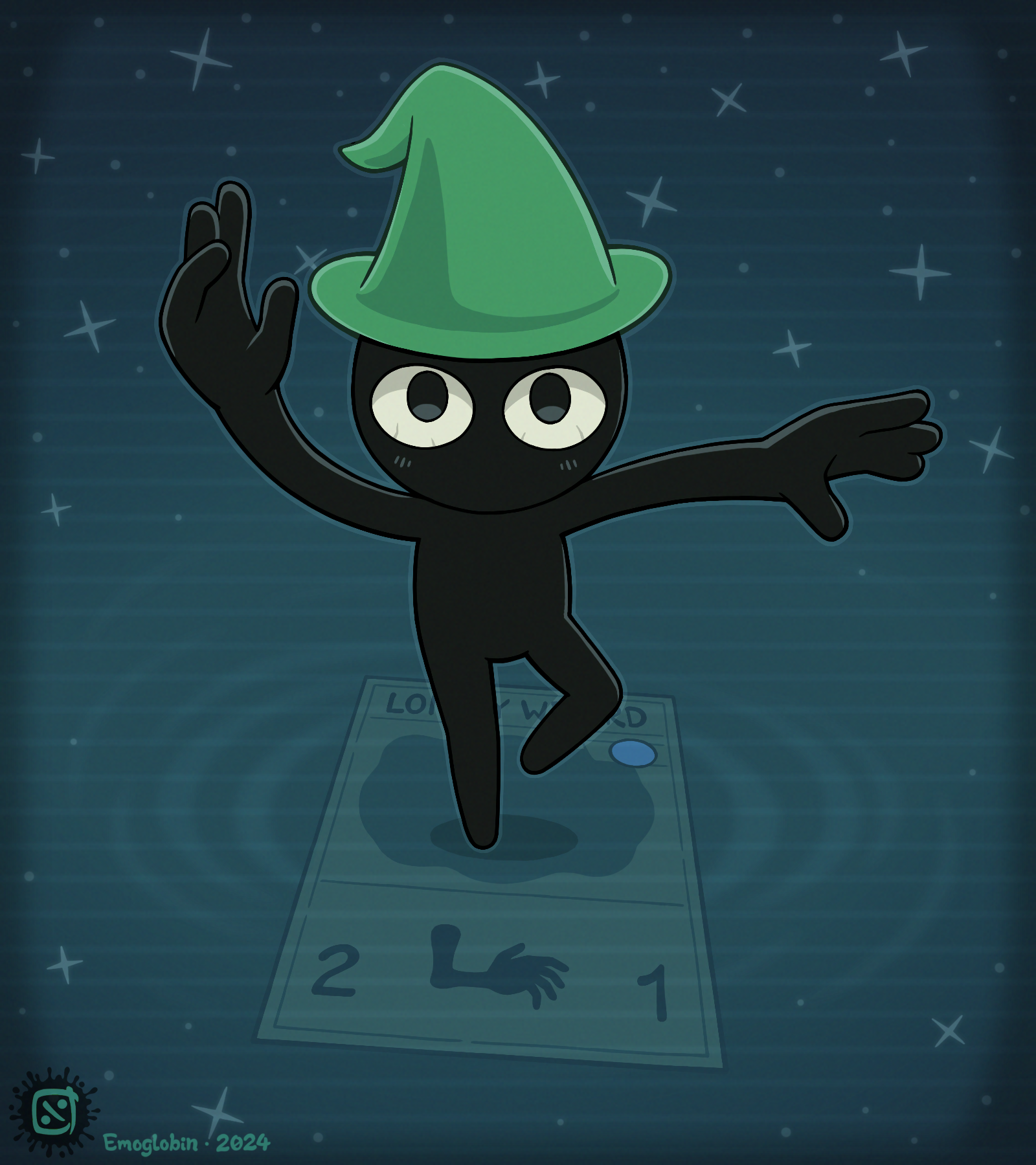 Digital art by Emoglobin, The lonely wizard, from the video game Inscryption. He has a dark body, and he poses one foot off the ground, appearing to dance. He has two large, intense, eyes that take up most of his face. Upon his head, he wears a green wizarding hat. Beneath his foot is the playing card that represents him in the video game