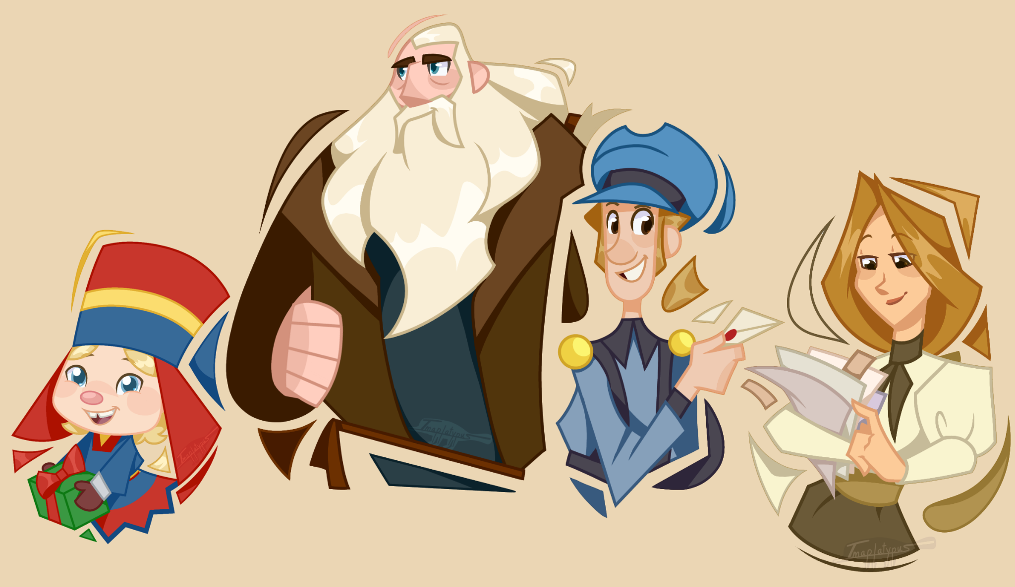 Digital Art by imaplatypus. 4 characters from the Netflix film Klaus. From right to left: The young girl, Márgu, holding a present. The titular Klaus, with a soft smile. Jesper, holding a sealed envelope. And Alva, leafing through some peices of paper. The art is stylised with sharp edges, and extra shapes between the characters.