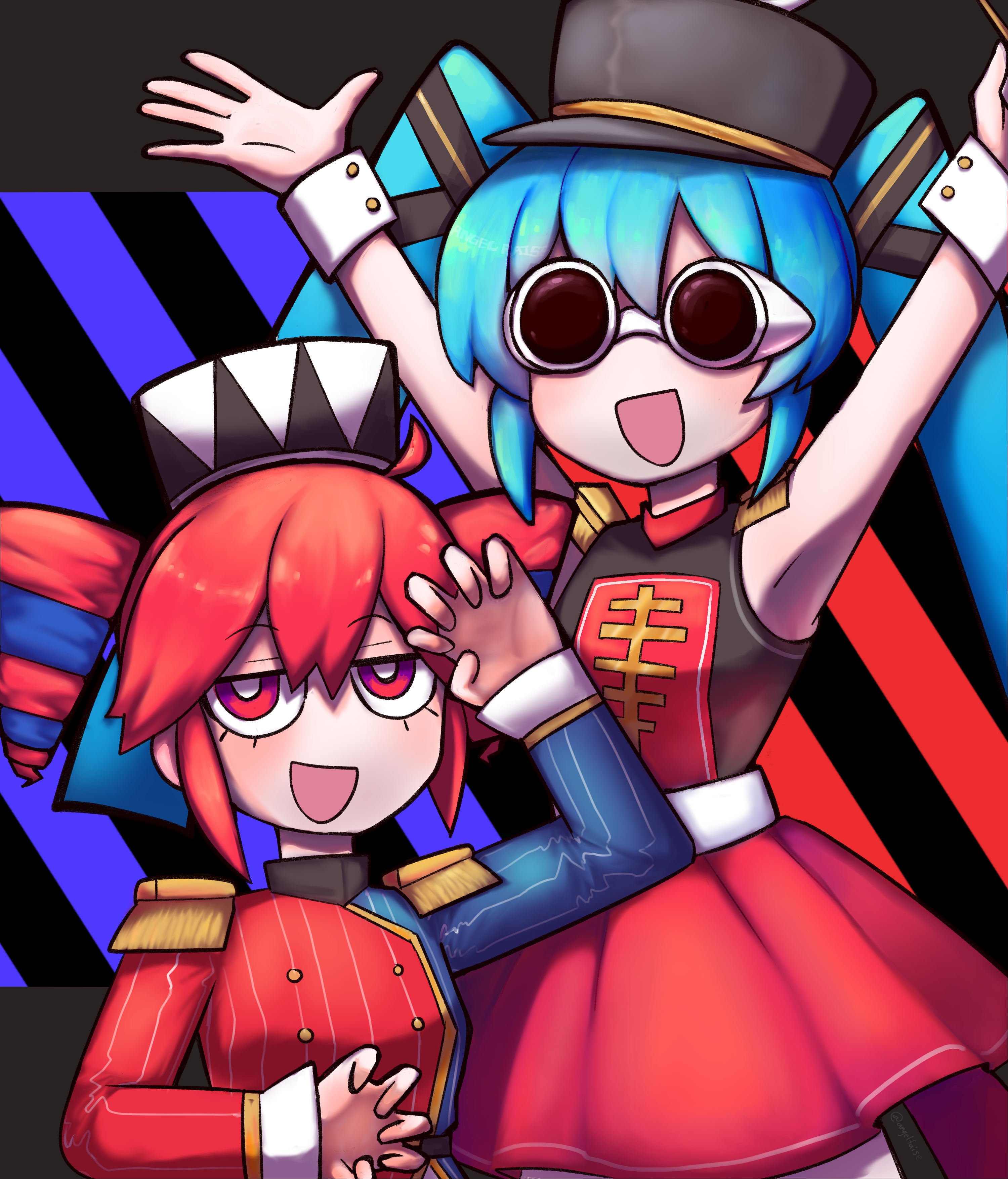 Digital art by angelfais. The two vocoloid singers Kasaneteto and Hatsune Miku. Kasaneteto is on the lower left, showing two hands in claw poses. Hatsune is on the right, with her hands in the air. Both characters are wearing red uniform styled outfits, with Hatsune being sleeveless except for two cuffs.