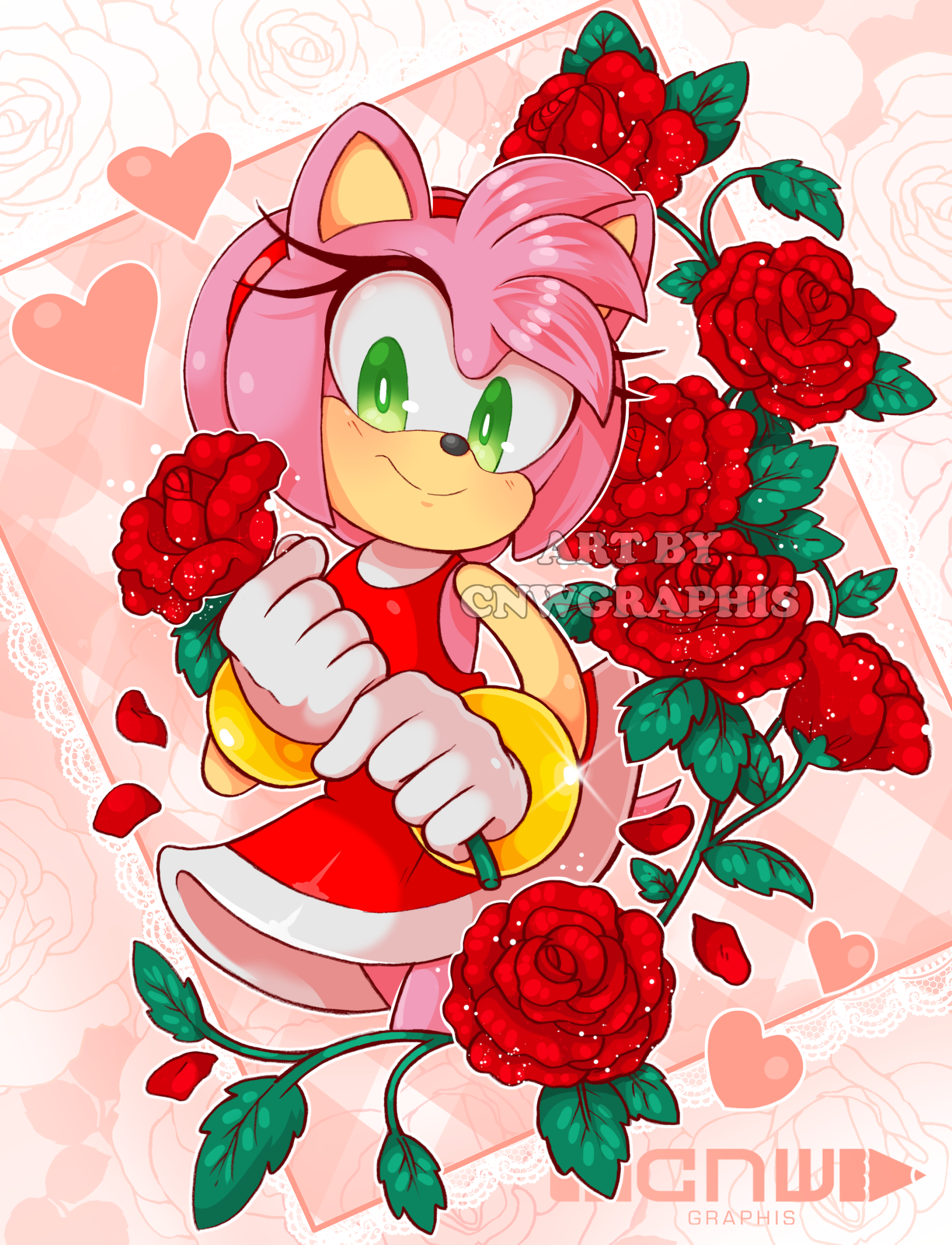 Digital art by CNWgraphis. The character Amy Rose, a pink anthropomorphic hedgehog. She wears a red dress that flares out at the bottom, a red headband, and white gloves with gold ring cuffs. She's holding a rose by the stem, with both hands, blushing slightly as she looks at the screen. 6 more roses, and leafy stems, border around and behind her. There are peach coloured hearts at the corners of the image, and a delicate flower motif as the background