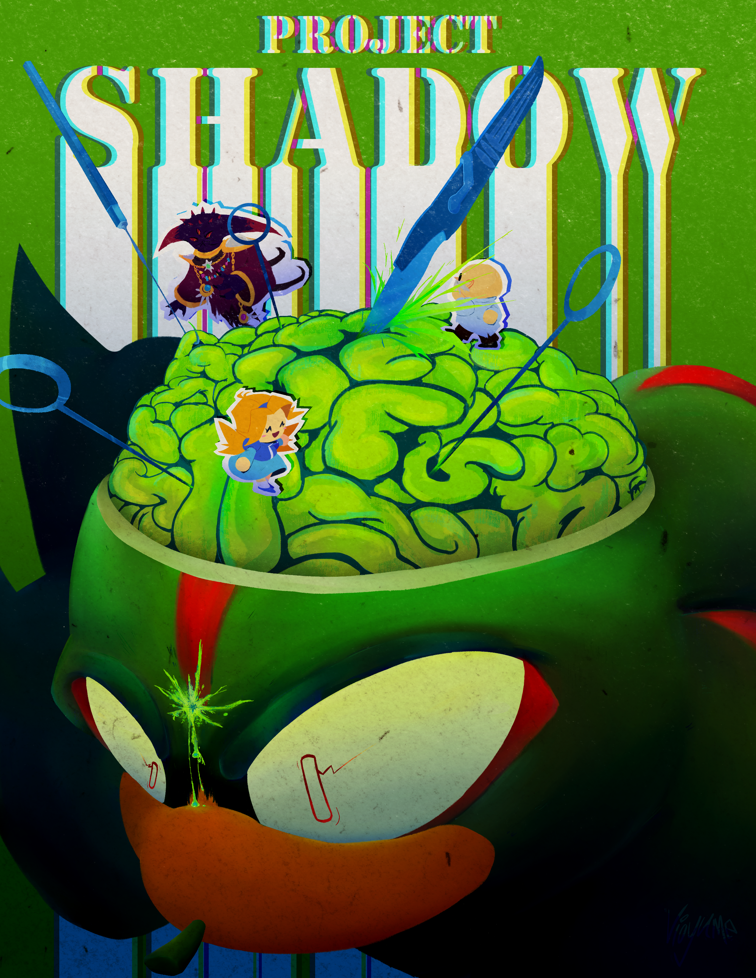 Shadow the Hedgehog getting a lobotomy while Maria, Gerald, and Black Doom circling on his brain.