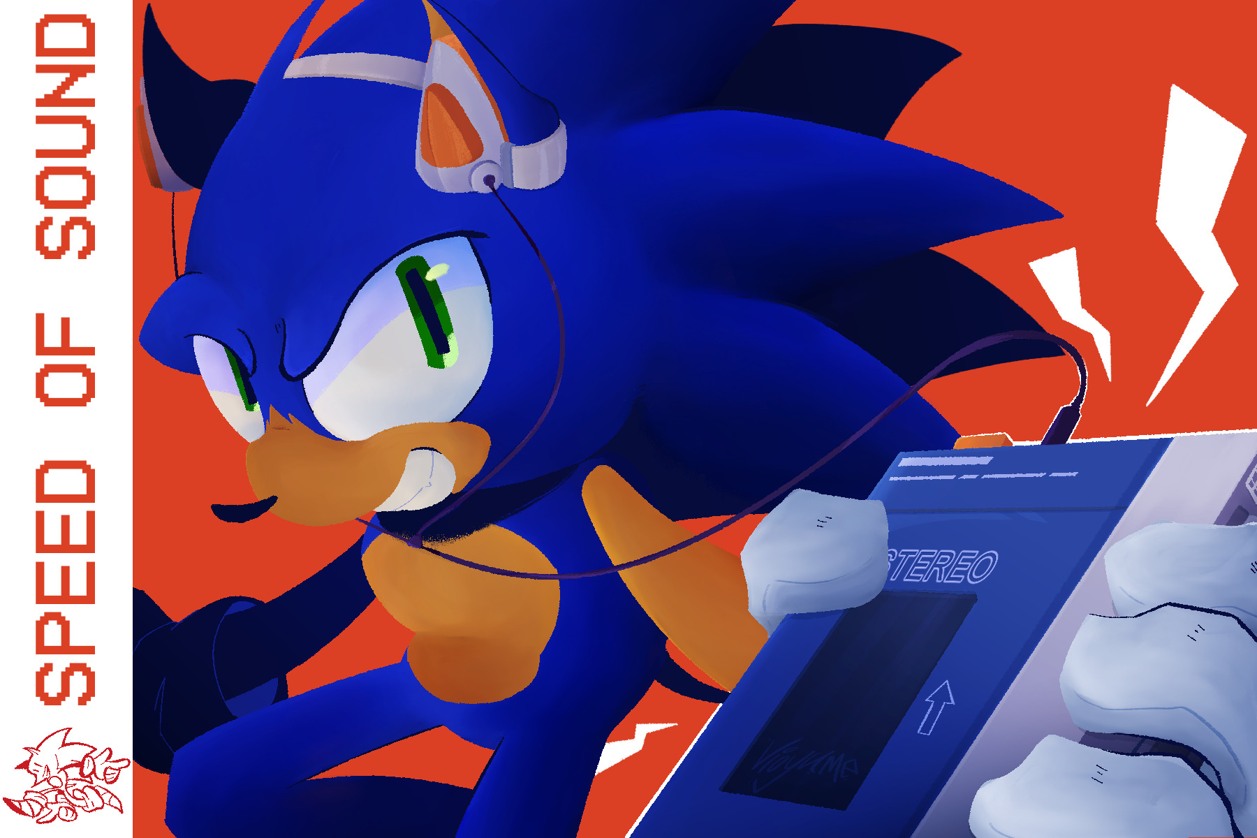 Sonic the Hedgehog wearing modified headphones while holding walkman in the foreground. The text on the side reads speed of sound